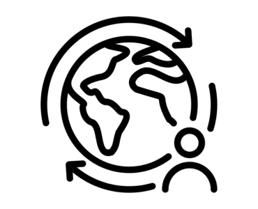 Black and white line drawing of a globe surrounded by arrows, symbolizing global movement