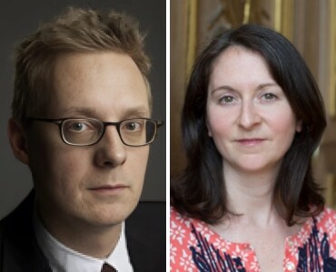 Side-by-side portraits of a man with short light hair and glasses, and a woman with long dark hair.