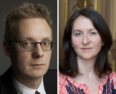 Side-by-side portraits of a man with short light hair and glasses, and a woman with long dark hair.