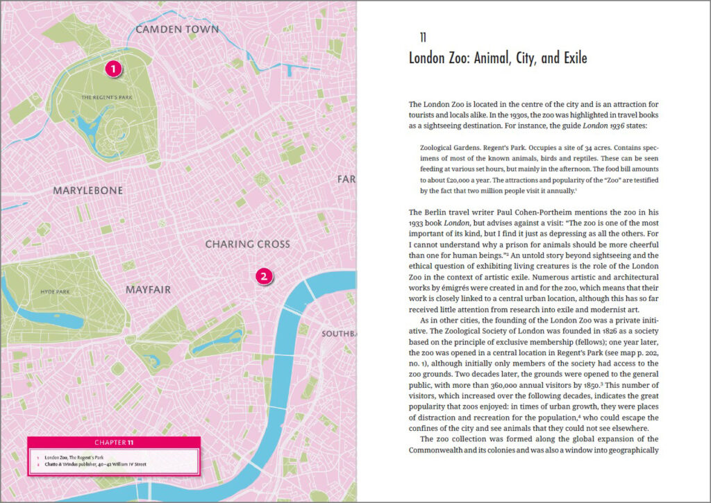 Spread page - Map of central London and a text about the London Zoo. The pink and green map highlights Regent’s Park and Charing Cross. The text details the zoo's history.
