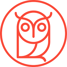 Red minimalist owl line drawing enclosed in a circle.