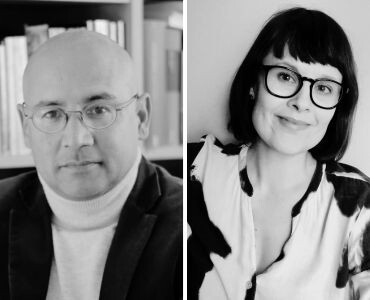 A black and white photo split vertically. On the left, a man in glasses. On the right, a woman in glasses.