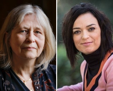 Two women are shown in side-by-side portraits. The woman on the left has long gray hair and a neutral expression. The woman on the right has black hair and smiles gently.