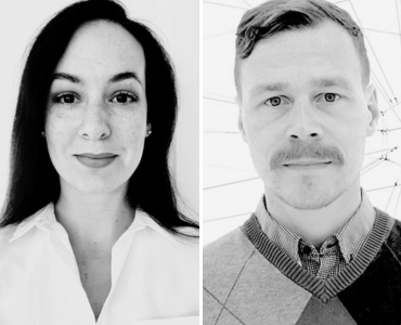 Black and white portraits of a woman and a man. The woman wears a white shirt and smiles faintly. The man has a mustache and wears a patterned sweater.