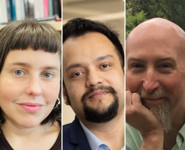 A collage of three people: a woman with short hair, a man with a beard in a suit, and a bald man with a goatee