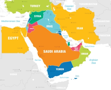 High detail map of the Middle East Zone with Countries, Capitals, Main Cities and Seas and islands names in classic soft colors palette.
