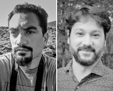 Black-and-white side-by-side portraits of two bearded people, separated by a vertical line, with outdoor backgrounds.